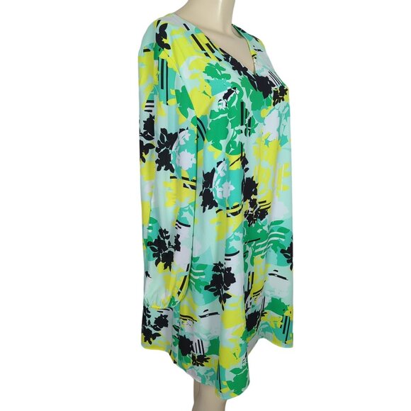 KAARI Blue V-Neck Long keyhole Sleeve yellow green abstract print Dress Size L - Picture 4 of 16